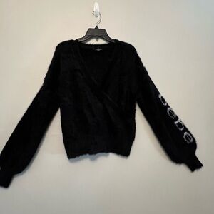 Bebe Y2K Shaggy Fuzzy Soft Faux Wrap Faux Fur Black Off Shoulder Deep VNeck XL